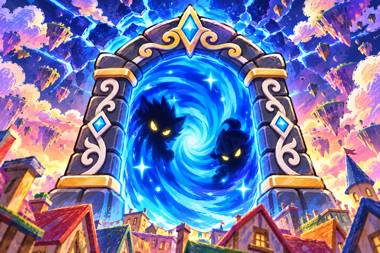 Two glowing eyes deep inside a blue gate