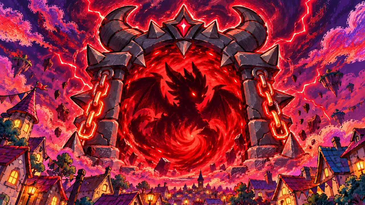 A chained red gate with the shadow of a dragon